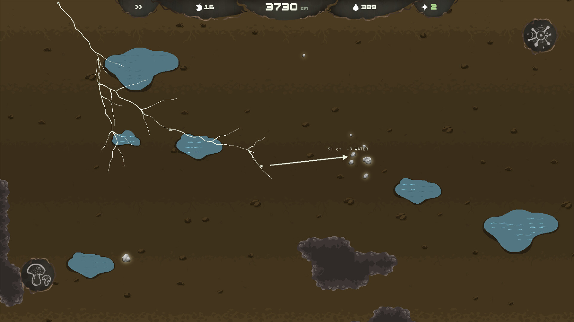 Mycelarium screenshot: a thread being aimed toward water pockets.